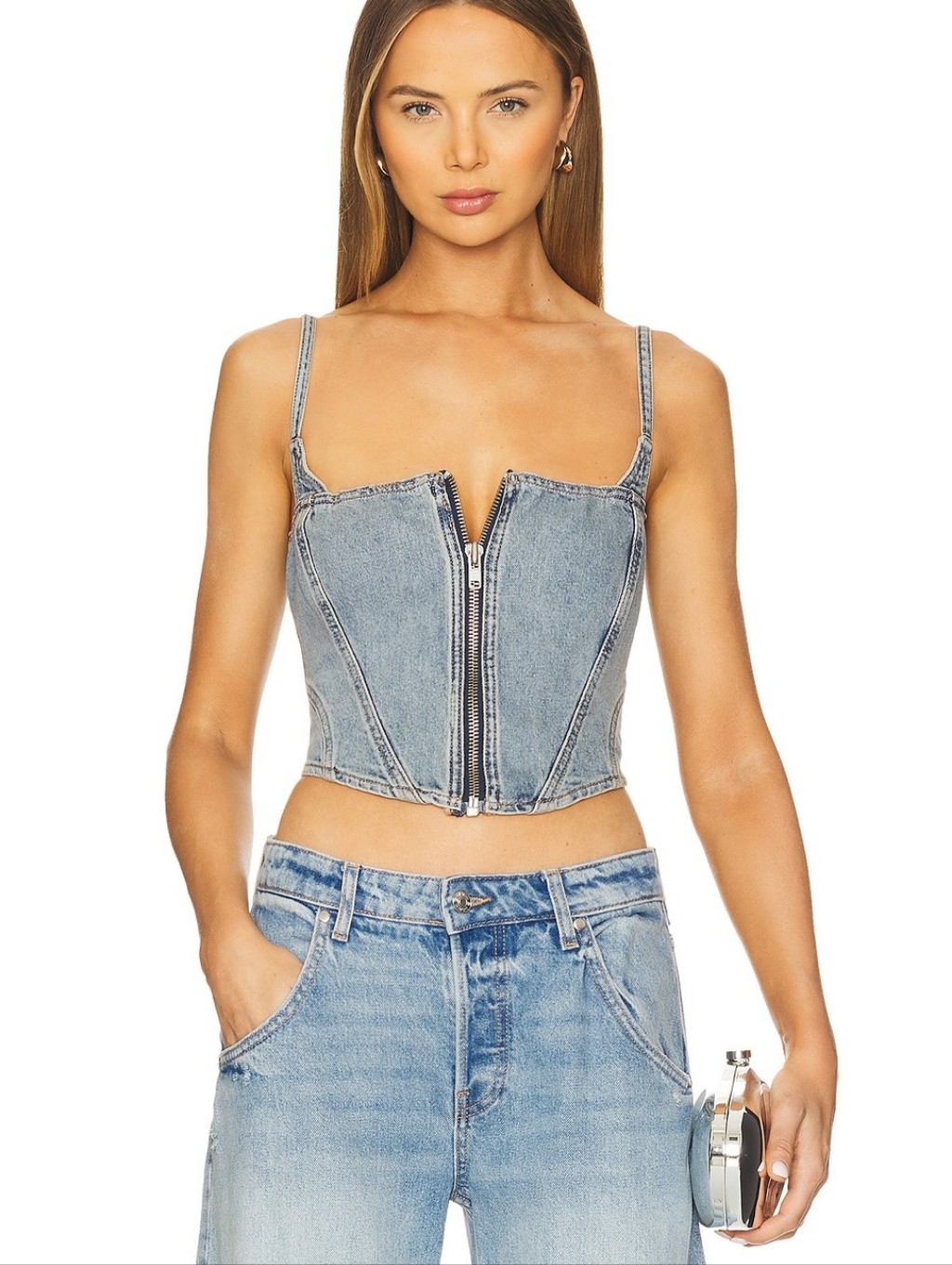 Good American Denim Zip-Front Cropped Tank Top - Blue